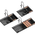 Black Kitchen Sinks With Silver Faucets Wooden Cutting Boards And Metal Drain Racks