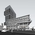 Modern Office Building Featuring Glass Facade Geometric Design With Trees Pedestrians And Street