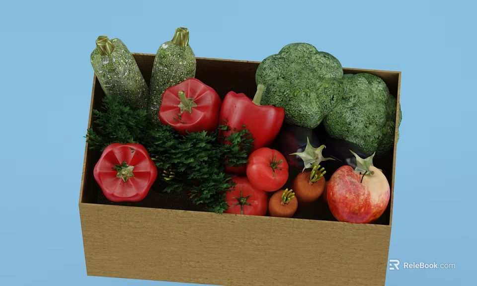 Fresh Assorted Vegetables in Cardboard Box with Broccoli Tomatoes and Bell Peppers 3d model 