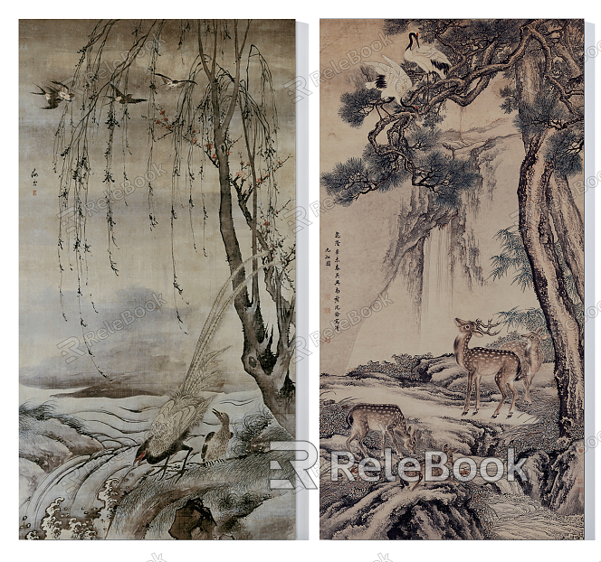 Chinese landscape painting handed down famous painting birds and animals landscape painting combination model