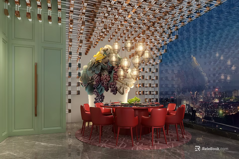 Elegant Private Dining Room Interior With Red Chairs Round Table And Decorative Ceiling Lights 3d model