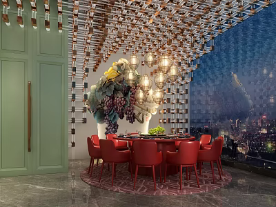 Elegant Private Dining Room Interior With Red Chairs Round Table And Decorative Ceiling Lights 3d model