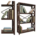 Classic Dark Wooden Bookshelf With Cross Brace Design And Stacked Books