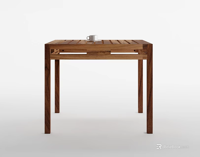 Wooden Dining Table With Slatted Tabletop And White Cup On Surface 3d model