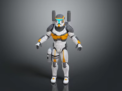 Sci Fi Humanoid Character In Futuristic Mechanical Armor With Jetpack Orange Gray White Design 3d model