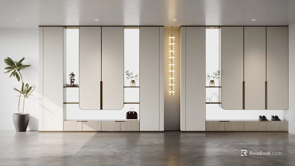 Sleek Modern Shoe Cabinet Design With White Storage Shelves Mirror Panels And LED Lights 3d model 