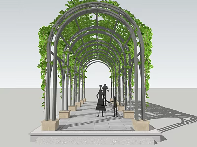 Arch Pergola Covered With Green Vines And People Walking On Stone Path 3d model