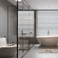 Modern Bathroom Interior Design With White Bathtub Large Window Blinds Double Vanities And Round Mirrors