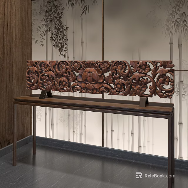Intricate Wooden Sculpture Carving Displayed on Long Wooden Table With Bamboo Background 3d model 