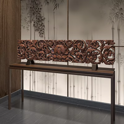 Intricate Wooden Sculpture Carving Displayed on Long Wooden Table With Bamboo Background 3d model