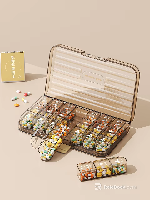 Clear Multi Compartment Pill Organizer With Transparent Lid And Colorful Medicine Tablets 3d model 