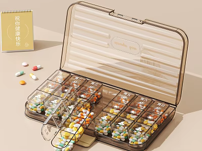 Clear Multi Compartment Pill Organizer With Transparent Lid And Colorful Medicine Tablets 3d model