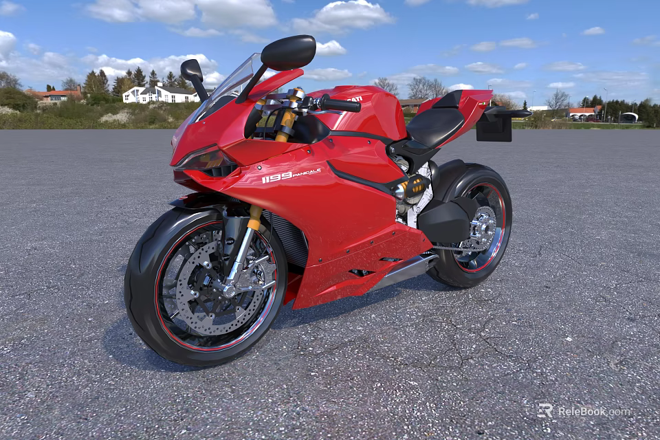 Sleek Red Sport Motorcycle Parked On Gray Asphalt With Blue Sky And Distant Trees 3d model 