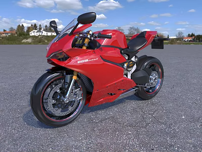 Sleek Red Sport Motorcycle Parked On Gray Asphalt With Blue Sky And Distant Trees 3d model