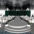 Elegant Banquet Hall Interior With Crystal Chandeliers Green Backdrop White Chairs And Flower Arrangements