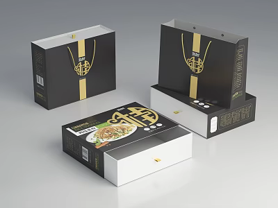 Black White Food Packaging Boxes With Gold Accents And Food Image Design 3d model