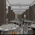 Luxurious Banquet Hall Interior With Crystal Chandeliers White Tables And Chairs