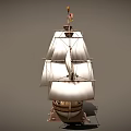 Ancient Wooden Sailing Ship With Multiple Masts White Sails And Flags