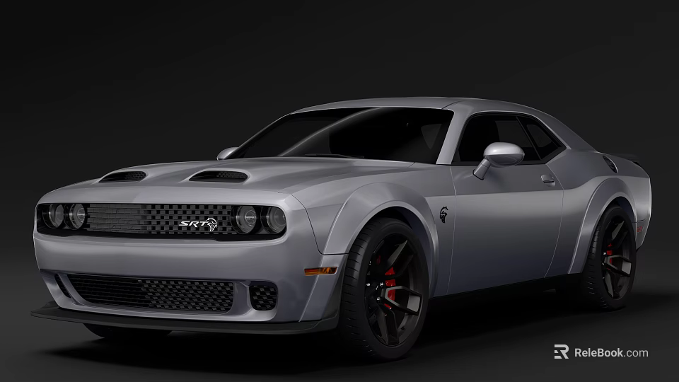 Silver Muscle Car With Front Grille Design Hood Scoops And Black Wheels Red Brake Calipers 3d model 