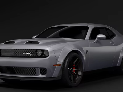 Silver Muscle Car With Front Grille Design Hood Scoops And Black Wheels Red Brake Calipers 3d model