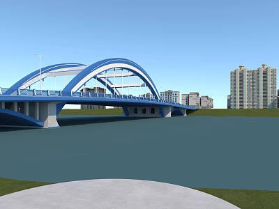Blue Arched Landscape Bridge Over River With High Rise Buildings And Green Grass 3d model