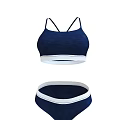 Navy Blue Sports Bra and Shorts Set with White Trim and Stretchy Fabric