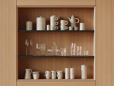 Elegant Wine Bottles And Glasses Arranged On Wooden Shelf With White Jars 3d model