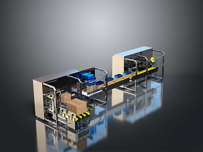Industrial Automated Packaging Conveyor System With Mechanical Arms And Brown Boxes 3d model