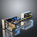 Industrial Automated Packaging Conveyor System With Mechanical Arms And Brown Boxes