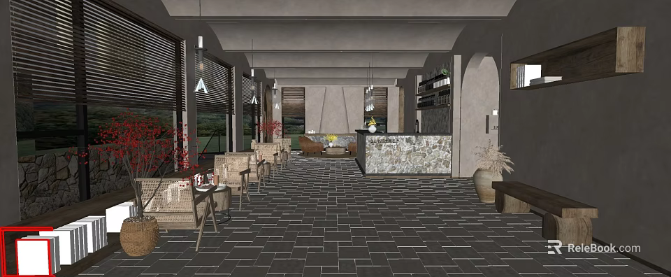 Modern Office Interior Design With Open Layout Gray Tile Floor Hanging Lights And Green Plants 3d model 