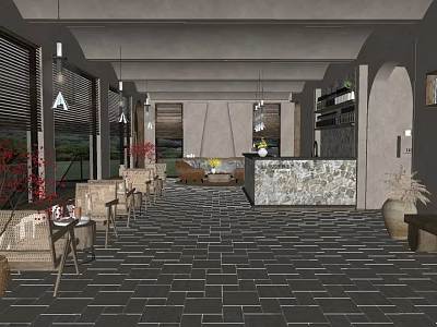 Modern Office Interior Design With Open Layout Gray Tile Floor Hanging Lights And Green Plants 3d model