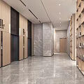 Modern Reception Desk in Spacious Lobby with Gray Marble Walls Sofa Seating and Green Plants