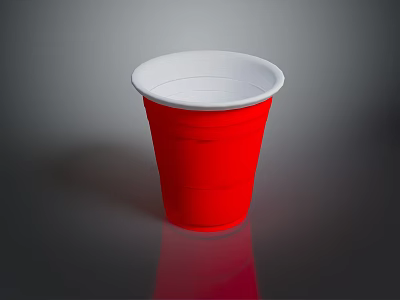 Red Disposable Plastic Cup with White Inner Rim on Dark Background with Reflection 3d model