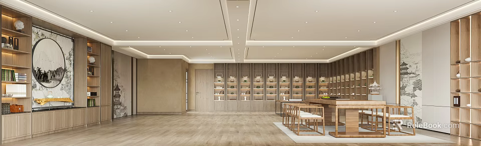 Elegant Clubhouse Interior With Beige Tones Ceiling Lights And Display Cabinets 3d model