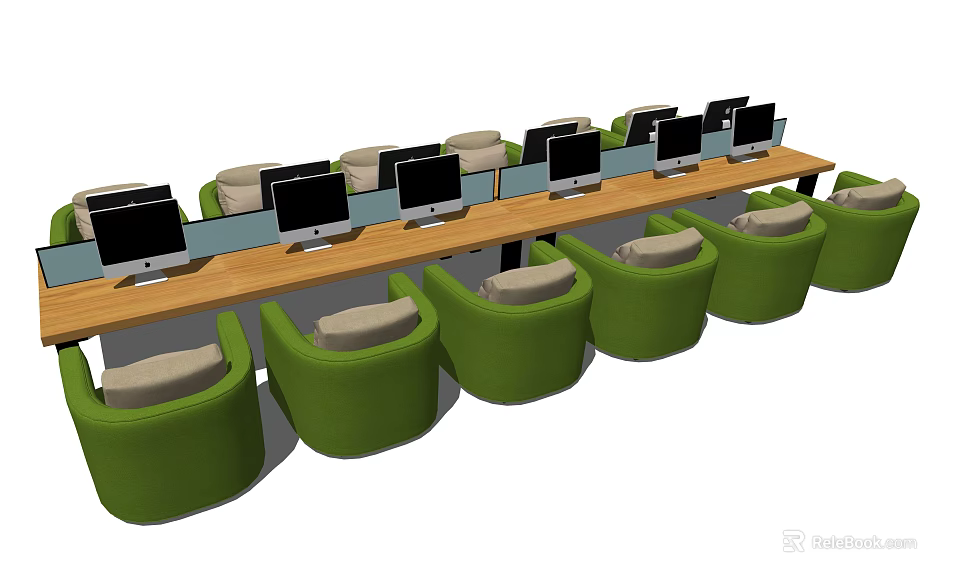 Modern Office Desks With Green Chairs And Computer Monitors In Workspace Setup 3d model