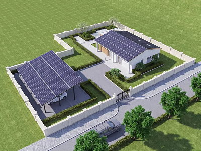 Modern Detached Villa With Solar Panels Green Lawn Garden Driveway And Trees 3d model