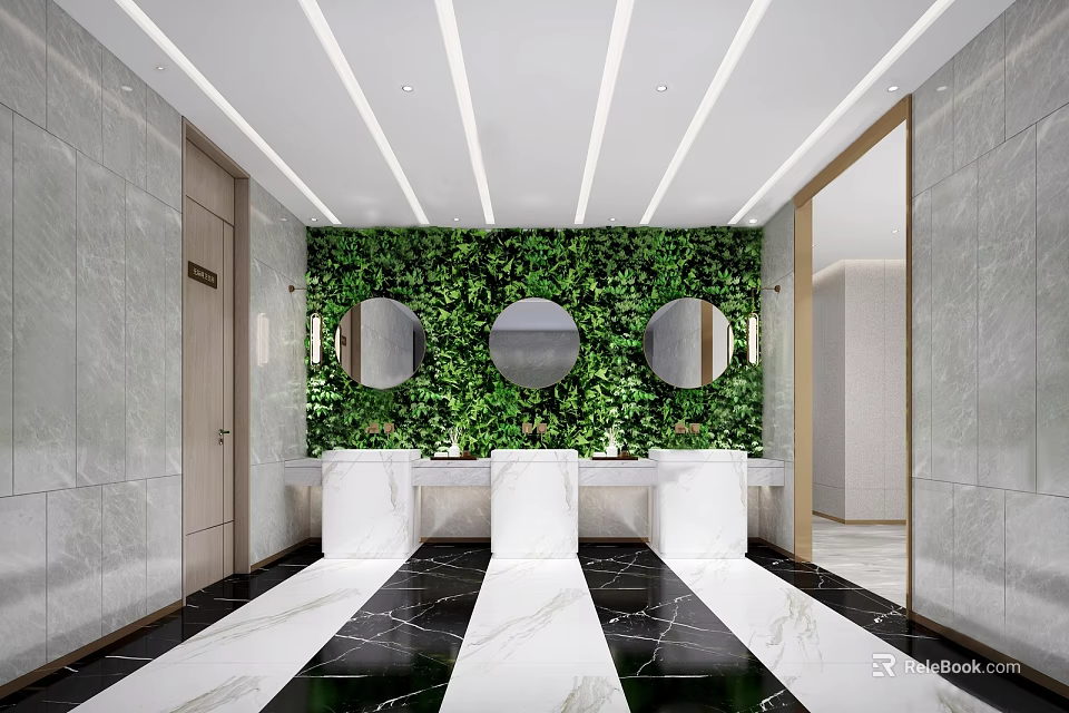 Modern Public Restroom Interior With Green Plant Wall Round Mirrors White Sinks And Marble Floor 3d model 