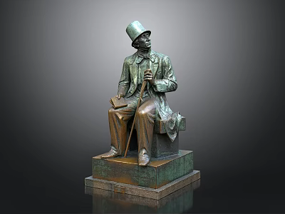 Vintage Bronze Statue Sitting on Pedestal with Top Hat Book and Cane 3d model