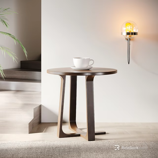 Modern Round Wooden Side Table With Stylish Legs Holding Coffee Cup Near Wall Lamp Plant 3d model 