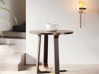 Modern Round Wooden Side Table With Stylish Legs Holding Coffee Cup Near Wall Lamp Plant 3d model