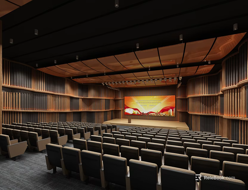 Modern Conference Room Interior With Rows of Seats Large Screen And Wooden Walls 3d model 