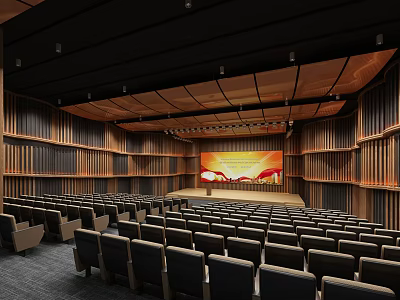 Modern Conference Room Interior With Rows of Seats Large Screen And Wooden Walls 3d model