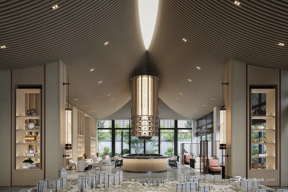 Modern Sales Office Interior Design With Elegant Ceiling Chandelier And Display Area 3d model 