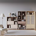 Modern Minimalist Wooden Bookcase With Open Shelves Storage Floor Lamp And Chair