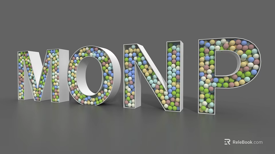 3D Letters M O N P Composed of Colorful Balls on Gray Background Decorative Design 3d model 