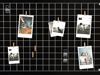 Creative Wall Hanging Display With Black Grid Background Clothespins And 3d model