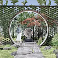 New Chinese-style Moon Cave Gate Zen Landscape Wall Enclosure Tile Wall Moon Gate Waterscape Partition Landscape Stone Plant Combination Modeling Turquoise Lamp Red Maple Bamboo Ting Step 3d model