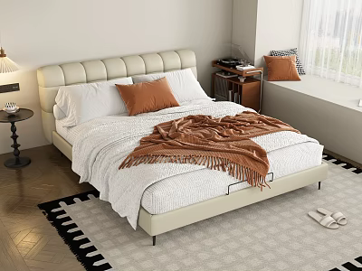 Beige Upholstered Double Bed With White Bedspread Orange Pillow Blanket Nightstand And Checkered Rug 3d model