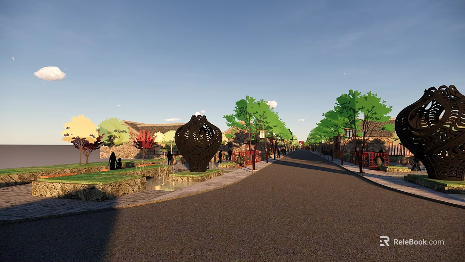 Scenic Residential Street With Lush Green Trees Artistic Sculptures And Traditional Style Buildings 3d model 