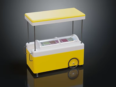 Yellow And White Mobile Food Cart With Transparent Display Case And Wheels 3d model